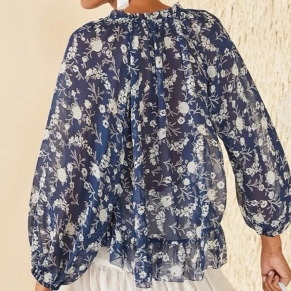 Ulla Johnson Rosine 100% Silk Sheer Blouse Top In Azure Blue size 0